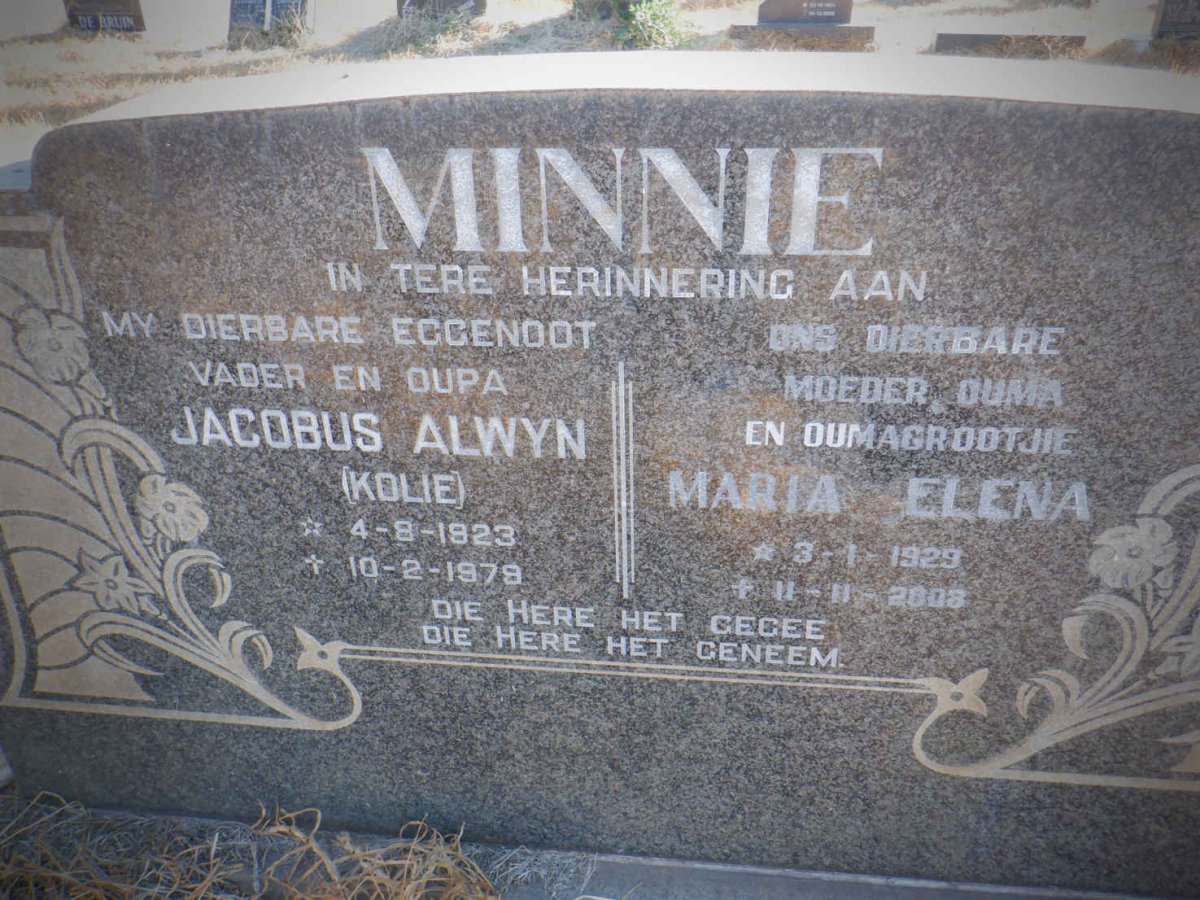 MINNIE Jacobus Alwyn 1923-1979 &amp; Maria Elena 1929-2008