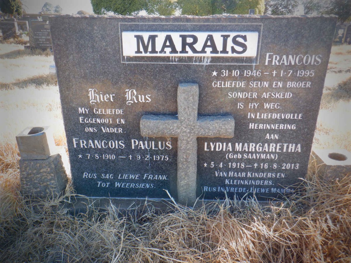 MARAIS Francois Paulus 1910-1975 &amp; Lydia Margaretha SAAYMAN 1918-2013 :: MARAIS Francois 1946-1995