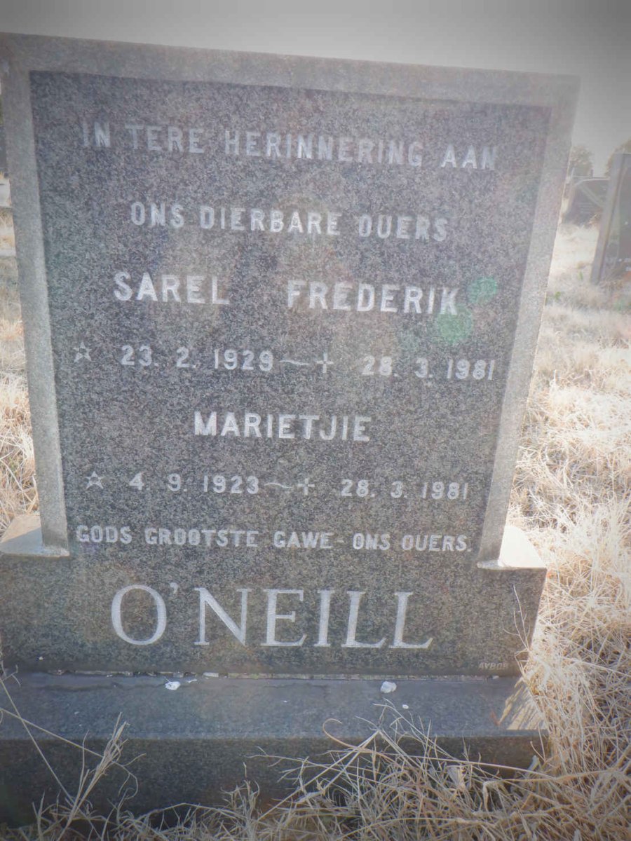 O'NEILL Sarel Frederik 1929-1981 &amp; Marietjie 1923-1981