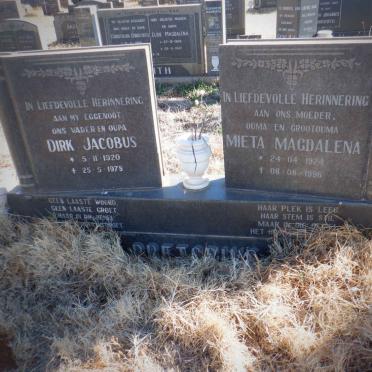 PRETORIUS Dirk Jacobus 1920-1978 &amp; Mieta Magdalena 1924-1996