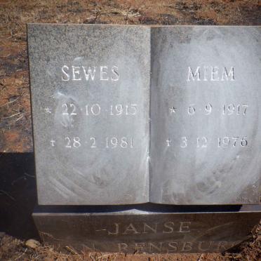 RENSBURG Sewes, Janse van 1915-1981 &amp; Miem 1917-1976