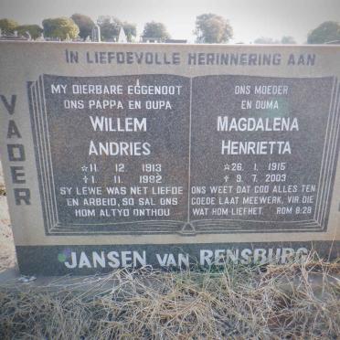 RENSBURG Willem Andries, Jansen van 1913-1982 &amp; Magdalena Henrietta 1915-2003