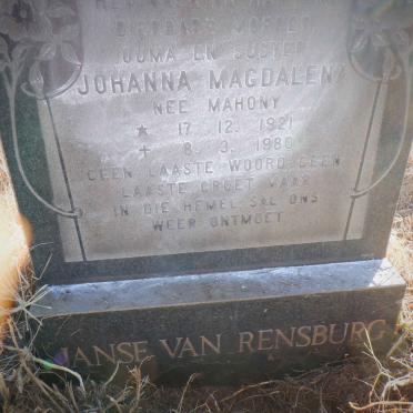 RENSBURG Johanna Magdalena, Janse van nee MAHONY 1921-1980