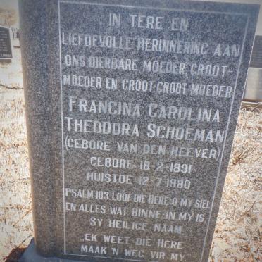 SCHOEMAN Francina Carolina Theodora nee VAN DEN HEEVER 1891-1980