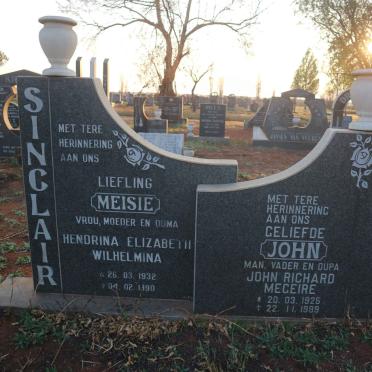 SINCLAIR John Richard Meceire 1926-1993 &amp; Hendrina Elizabeth Wilhelmina 1932-1990