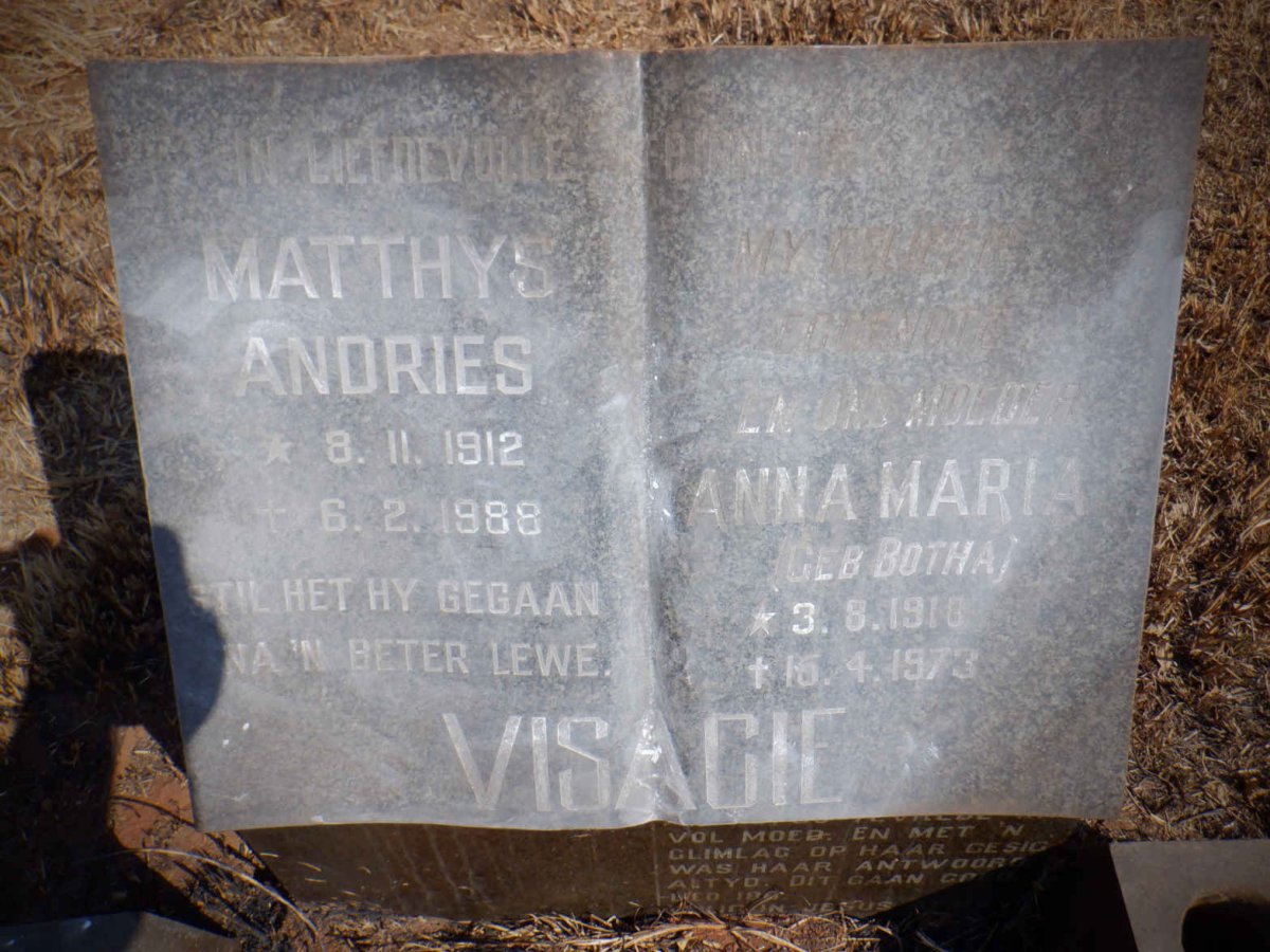 VISAGIE Matthys Andries 1912-1988 &amp; Anna Maria BOTHA 1918-1973