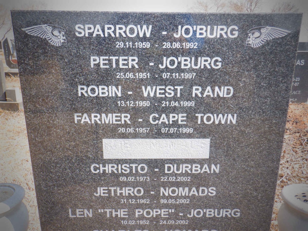 ? Sparrow 1959-1992 :: ? Peter 1951-1997 :: ? Robin 1950-1999 :: ? Farmer 1957-1999 :: ? Christo 1973-2002 :: ? Jethro 1962-2002