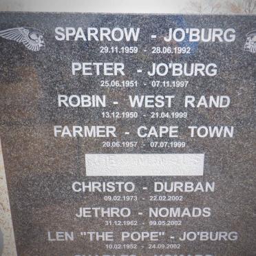 ? Sparrow 1959-1992 :: ? Peter 1951-1997 :: ? Robin 1950-1999 :: ? Farmer 1957-1999 :: ? Christo 1973-2002 :: ? Jethro 1962-2002
