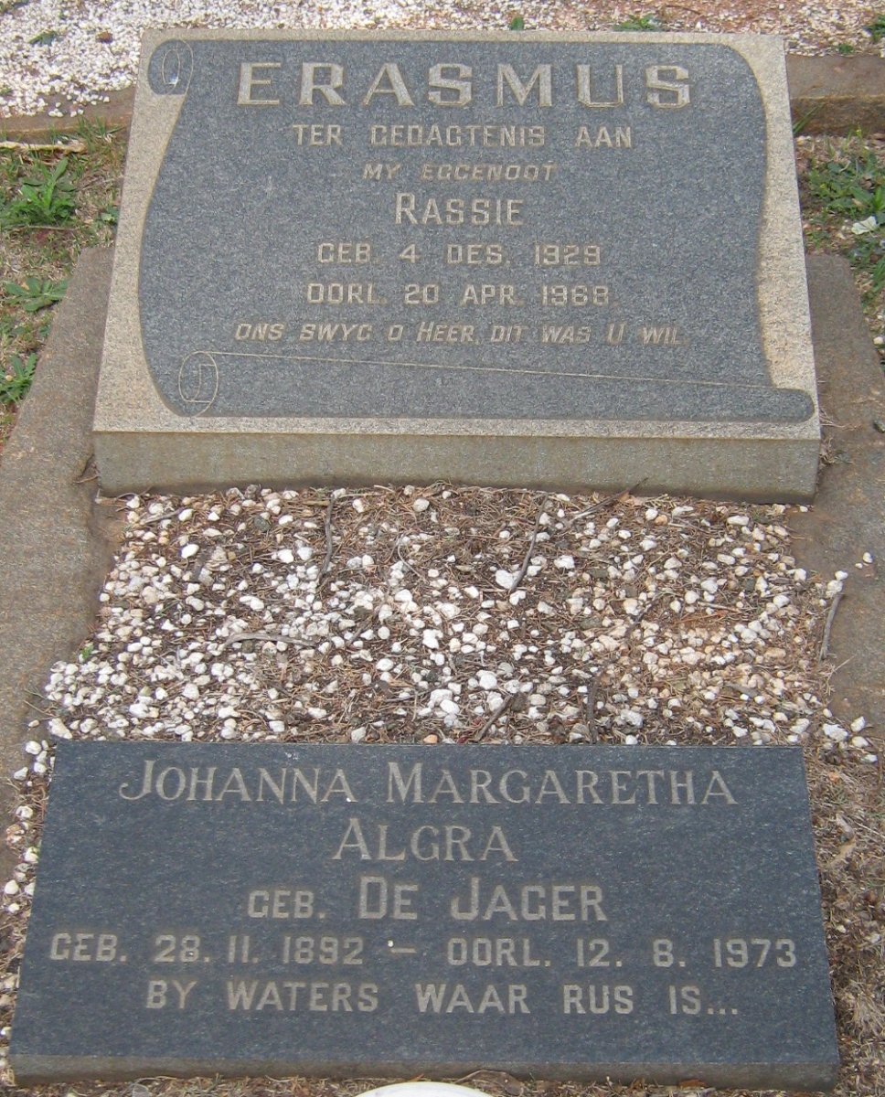 ALGRA Johanna Margaretha nee DE JAGER 1892-1973 :: ERASMUS Rassie 1929-1968