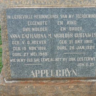 APPELGRYN Anna Catharina M. nee V.D. HEEVER 1886-1949 :: APPELGRYN Nicolous Gustawus 1916-1926