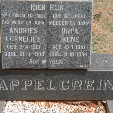 APPELGREIN Andries Cornelius 1901-1989 &amp; Orpa Irene 1910-1994