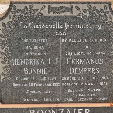 BOONZAIER Hermanus Dempers 1913-1961 &amp; Hendrika I.J. Bonnie 1924-1999