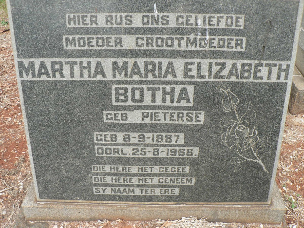 BOTHA Martha Maria Elizabeth nee PIETERSE 1887-1966