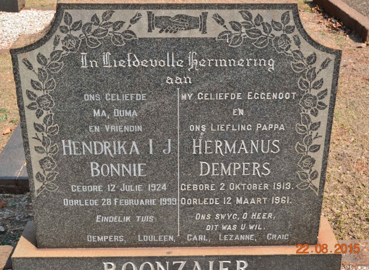 BOONZAIER Hermanus Dempers 1913-1961 &amp; Hendrika I.J. Bonnie 1924-1999