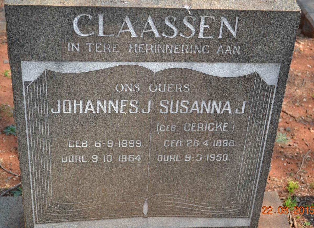 CLAASSEN Johannes J. 1899-1964 &amp; Susanna J. GERICKE 1898-1950