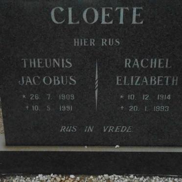 CLOETE Theunis Jacobus 1909-1991 &amp; Rachel Elizabeth 1914-1993
