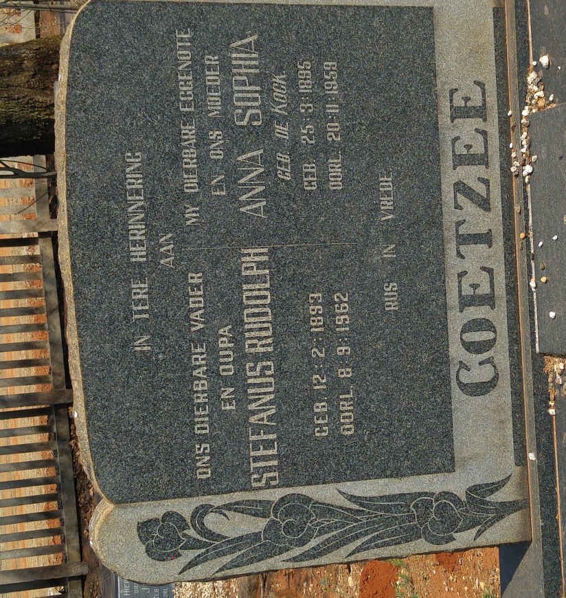 COETZEE Stefanus Rudolph 1893-1962 &amp; Anna Sophia DE KOCK 1895-1959