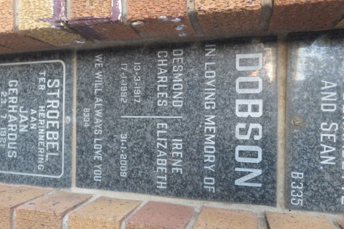 DOBSON Desmond Charles 1917-1992 &amp; Irene Elizabeth -2009 :: STROEBEL Jan Gerhardus 1921-