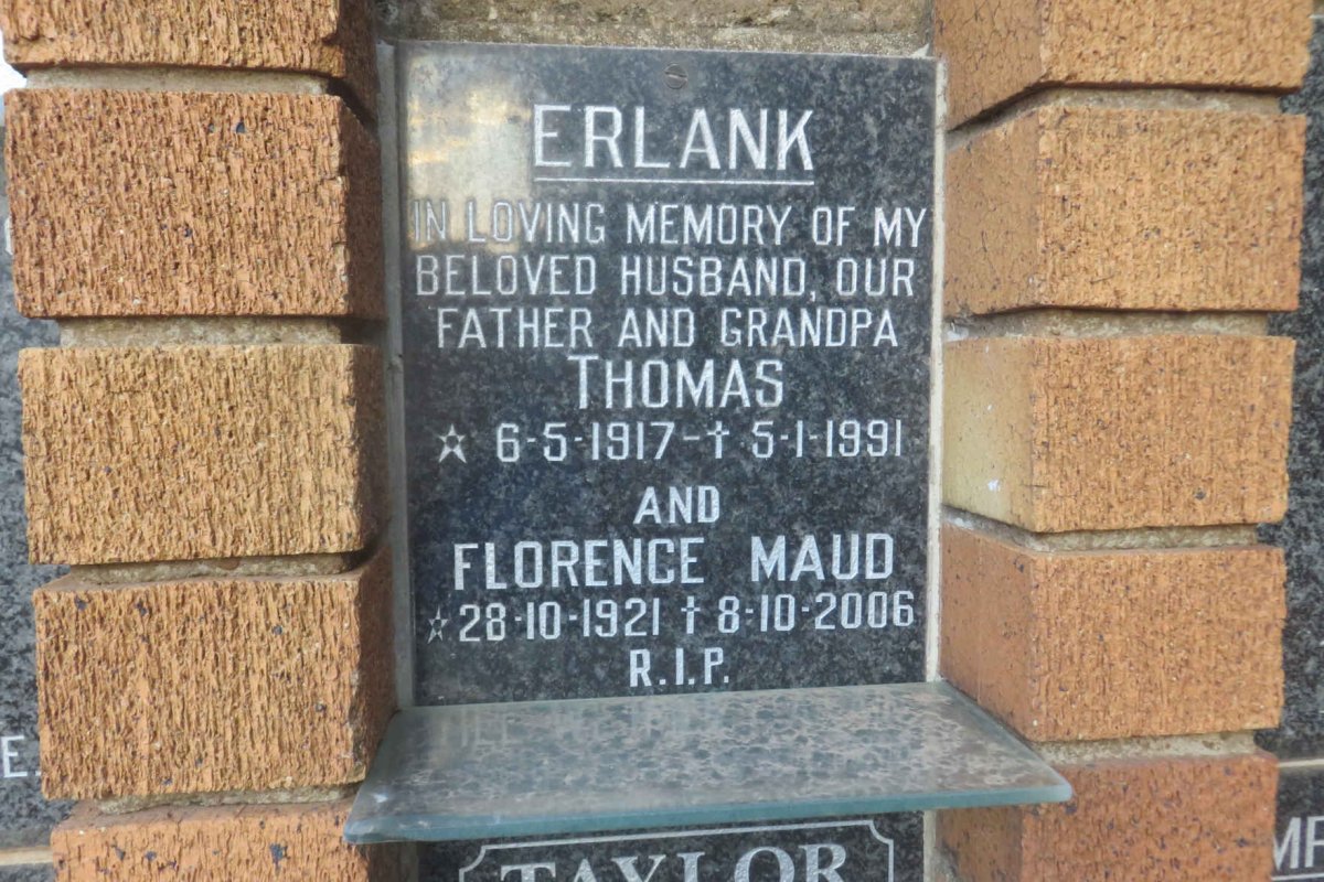 ERLANK Thomas 1917-1991 &amp; Florence Maud 1921-2006