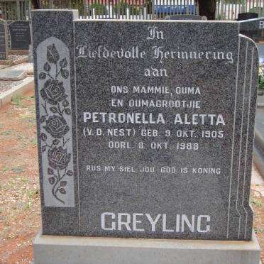 GREYLING Petronella Aletta nee V.D. NEST 1905-1988