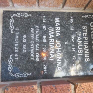 GREYLING Stephanus 1952-2004 &amp; Maria Johanna 1948-2015