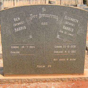 HARRIS Ben 1925- &amp; Elizabeth DE LANGE 1928-1962