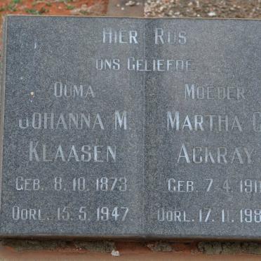 KLAASEN Johanna M. 1873-1947 :: ACKRAY Martha C. 1911-1983