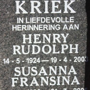 KRIEK Henry Rudolph 1924-2003 &amp; Susanna Fransina 1930-2005