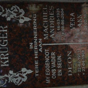 KRUGER Machiel Andries 1925-2004 &amp; Vera Ann 1930-2014 :: KRUGER Deon 1951-1988
