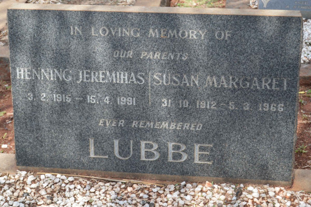 LUBBE Henning Jeremihas 1915-1991 &amp; Susan Margaret 1912-1966