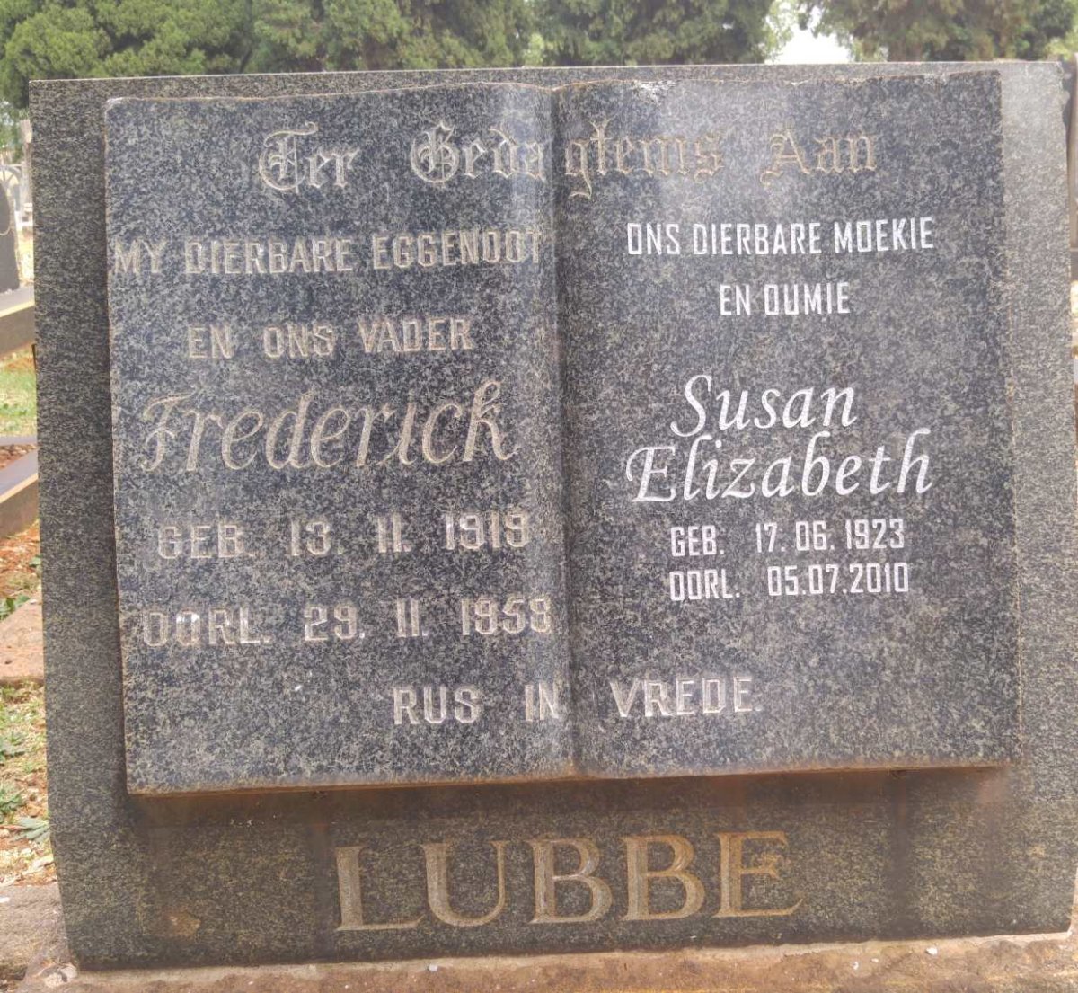 LUBBE Frederick 1919-1958 &amp; Susan Elizabeth 1923-2010