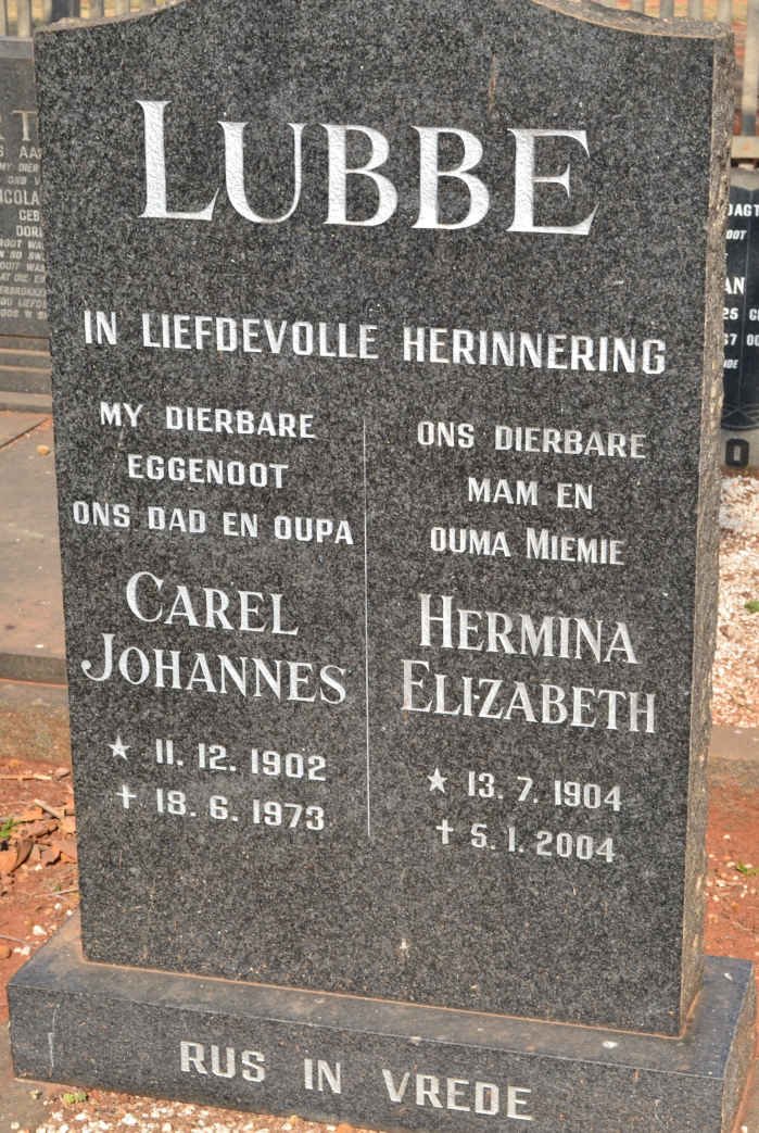 LUBBE Carel Johannes 1902-1973 &amp; Hermina Elizabeth 1904-2004