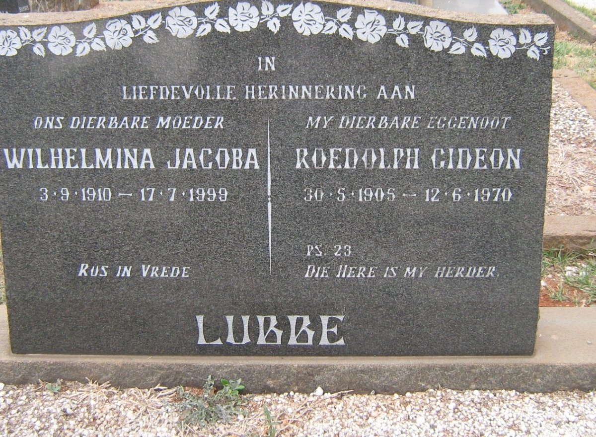 LUBBE Roedolph Gideon 1905-1970 &amp; Wilhelmina Jacoba 1910-1999