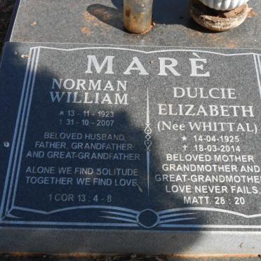 MARÈ Norman William 1923-2007 &amp; Dulcie Elizabeth WHITTAL 1925-2014