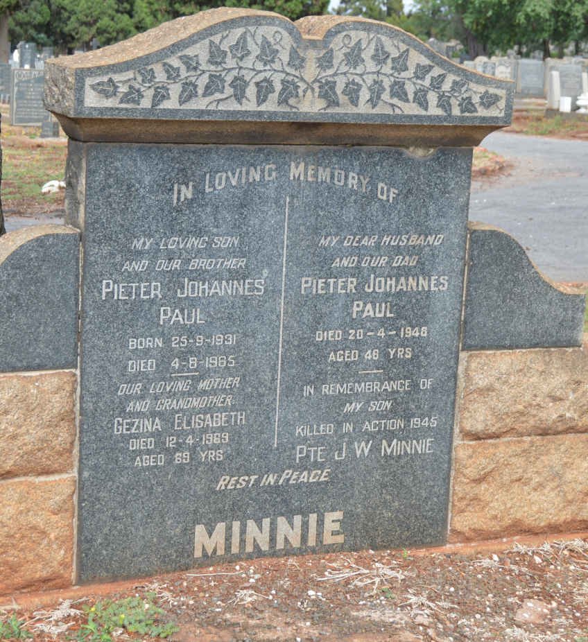 MINNIE Pieter Johannes Paul -1946 &amp; Gezina Elizabeth -1969 :: MINNIE Pieter Johannes Paul 1931-1985 :: MINNIE J.W. -1945