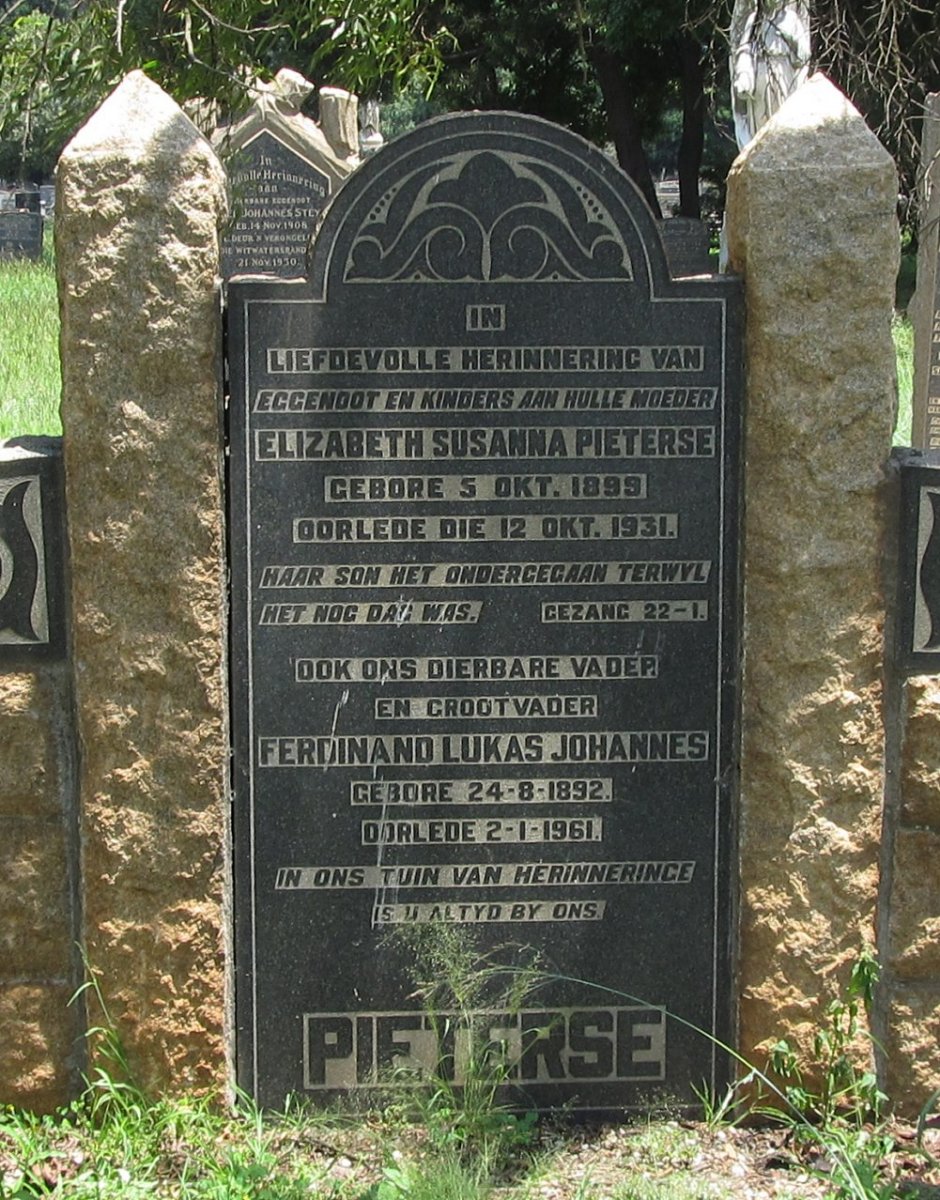 PIETERSE Ferdinand Lukas Johannes 1892-1961 &amp; Elizabeth Susanna 1899-1931