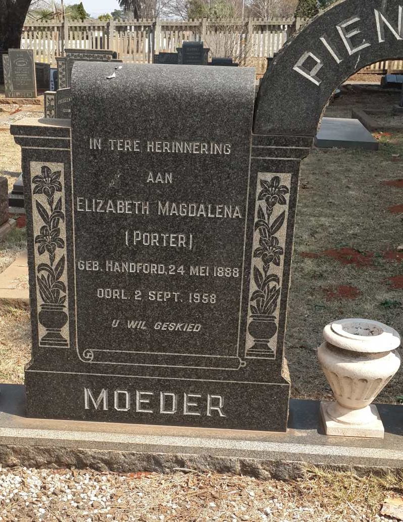 PIENAAR Elizabeth Magdalena voorheen PORTER nee HANDFORD 1888-1058