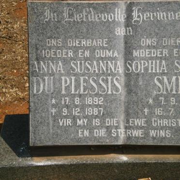 PLESSIS Anna Susanna, du 1892-1987 :: SMIT Sophia Susara 1918-1994