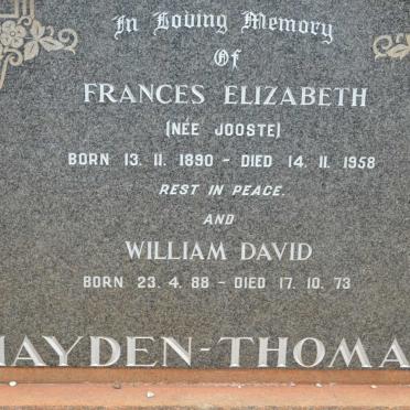 THOMAS William David, Hayden 1888-1973 &amp; Frances Elizabeth JOOSTE 1890-1958