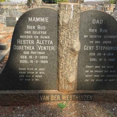 WESTHUIZEN Gert Stephanus, van der 1914-1962 &amp; Hester Dorethea voorheen VENTER nee HATTINGH 1909-1989