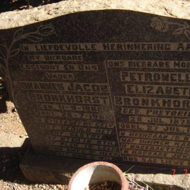 BRONKHORST Johannes Jacob 186?- 195? &amp; Petronella Elizabeth PRETORIUS 1878-1957