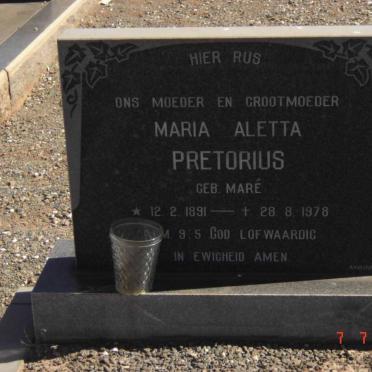PRETORIUS Maria Aletta nee MARE 1891-1978