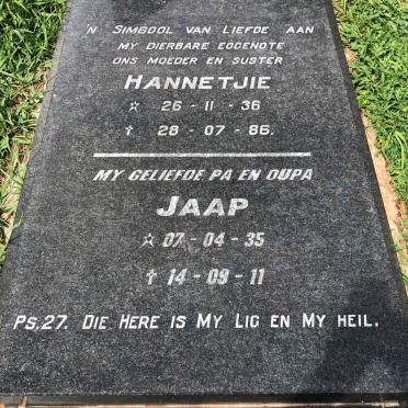 ? Jaap 1935-2011 &amp; Hannetjie 1936-1986