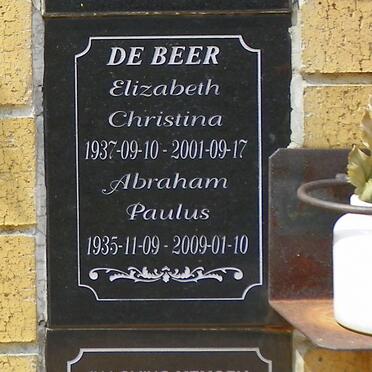 BEER Abraham Paulus, de 1935-2009 &amp; Elizabeth Christina 1937-2001
