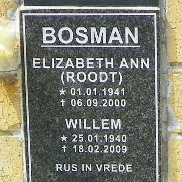 BOSMAN Willem 1940-2009 &amp; Elizabeth Ann ROODT 1941-2000