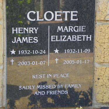 CLOETE Henry James 1932-2003 &amp; Margie Elizabeth 1932-2005