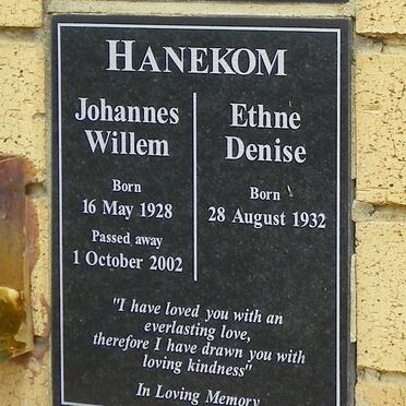 HANEKOM Johannes Willem 1928-2002 &amp; Ethne Denise 1932-
