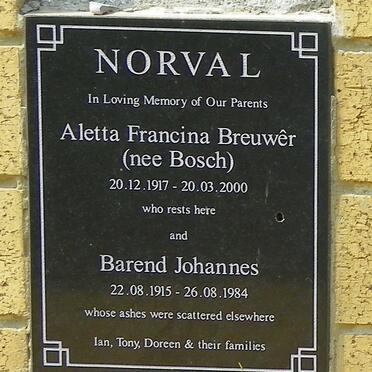 NORVAL Barend Johannes 1915-1984 &amp; Aletta Francina Breuwêr BOSCH 1917-2000