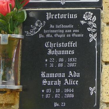 PRETORIUS Christoffel Johannes 1932-2007 &amp; Ramona Ada Sarah Alice 1944-2006