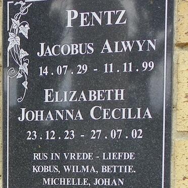 PENTZ Jacobus Alwyn 1929-1999 &amp; Elizabeth Johanna Cecilia 1923-2002